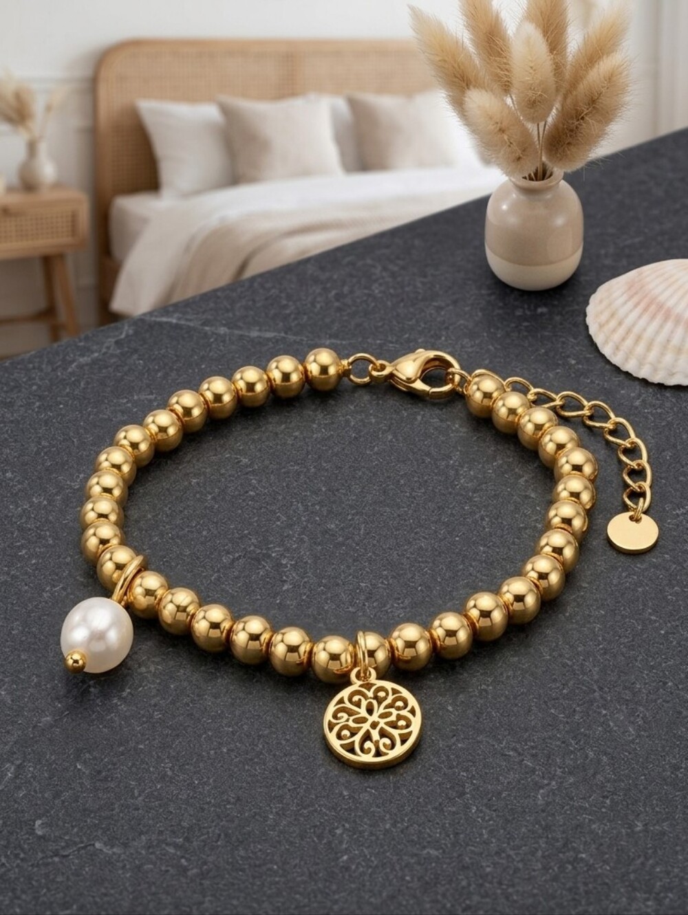 18K Gold Plated Steel Beaded Bracelet Mandala Freshwater Pearl Charm Clean Girl